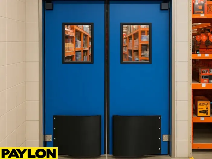 Blue double swinging door with reinforced kick plates and vision panels Blue double swinging door with reinforced kick plates and vision panels, designed for high-impact environments with frequent cart or forklift traffic, illustrating durability and abuse resistance