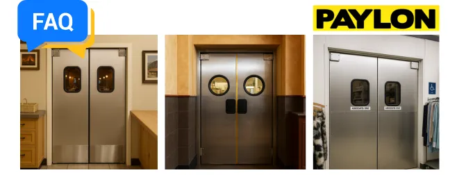 FAQ banner image for Paylon’s retail and restaurant swinging doors FAQ banner image for Paylon’s retail and restaurant swinging doors, featuring three stainless steel double door models including PE-610ALC, PE-620ALC, and PE-630SS in real-world commercial settings