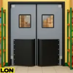 Gray double swinging door with vision panels and impact bumpers, installed between retail shelves, illustrating proper mounting and swing clearance in a limited space environment