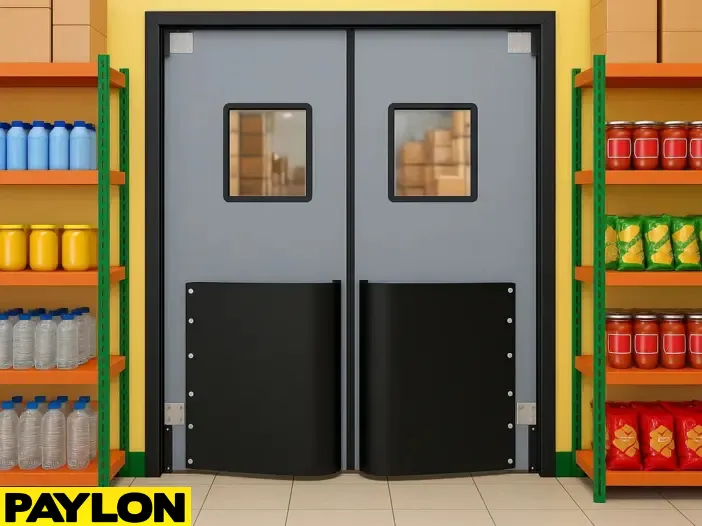 Gray double swinging door with vision panels and impact bumpers, installed between retail shelves Gray double swinging door with vision panels and impact bumpers, installed between retail shelves, illustrating proper mounting and swing clearance in a limited space environment