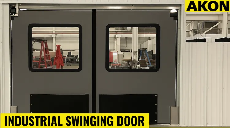 Gray industrial swinging doors with vision panels installed in a warehouse