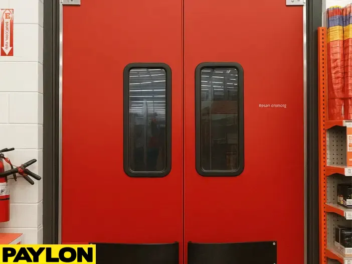 Heavy-duty red swinging traffic door with impact bumpers and vision panels Heavy-duty red swinging traffic door with impact bumpers and vision panels, suited for high-traffic environments with carts or pallet jacks, highlighting durability and quick-reset hinge design