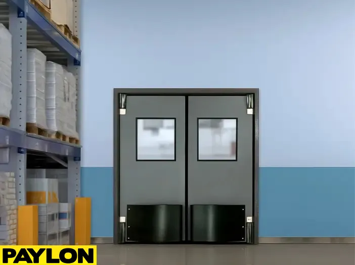 Insulated double swinging door with gasketed edges and vision panels Insulated double swinging door with gasketed edges and vision panels, designed for cold storage or climate-controlled zones to reduce energy loss and maintain air separation