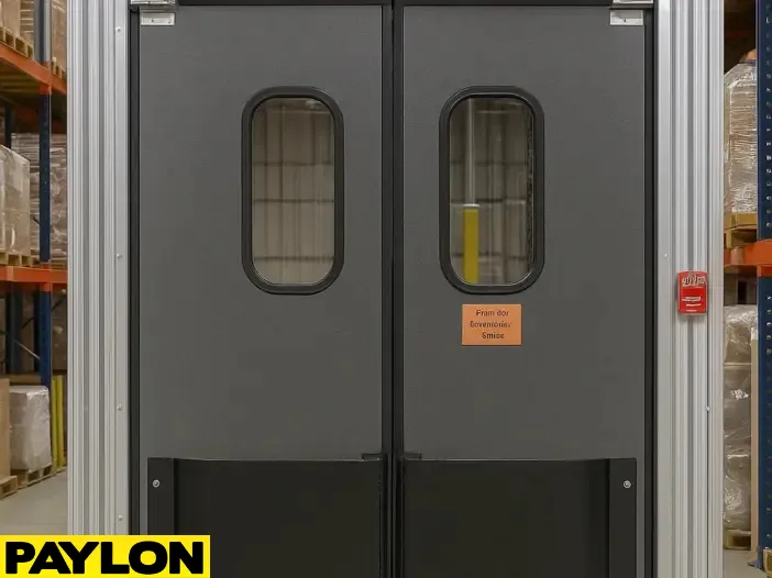 PEX‑9000 heavy-duty reinforced swing door with steel core and impact bumpers PEX‑9000 heavy-duty reinforced swing door with steel core and impact bumpers, installed in a warehouse exit to handle high-traffic and forklift impact zones