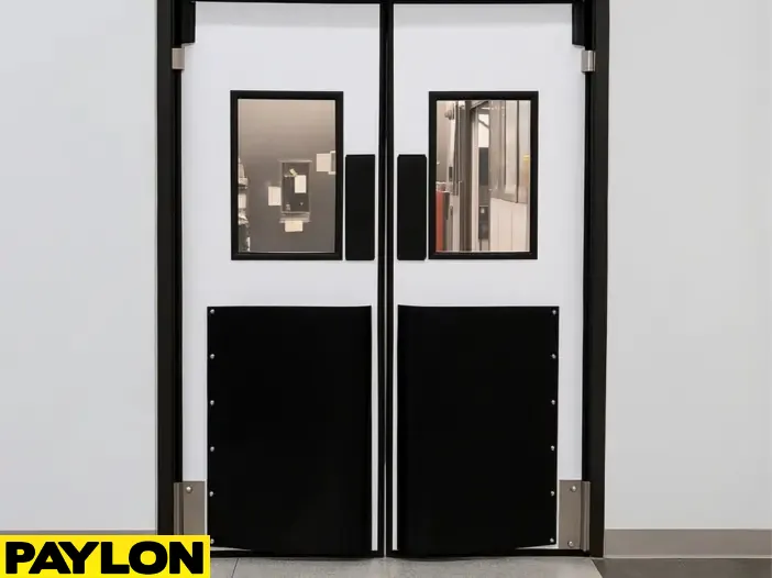 PE‑1500 general-purpose traffic door with vision panels and impact bumpers, designed for smooth foot and cart traffic in warehouse and light industrial settings