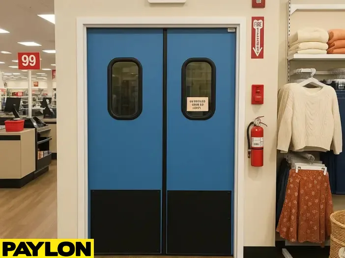 PE‑8000 cold storage swinging door with insulated core and vision panels PE‑8000 cold storage swinging door with insulated core and vision panels, installed in a retail exit area to support energy efficiency and temperature control in cooler zones