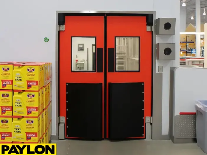 Red USDAFDA-compliant swinging door with smooth, non-porous panels Red USDA/FDA-compliant swinging door with smooth, non-porous panels, vision windows, and impact bumpers, installed in a food or pharmaceutical facility to meet sanitation and OSHA visibility standards