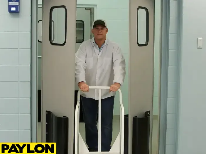 Warehouse worker pushing a cart through a double impact traffic door Warehouse worker pushing a cart through a double impact traffic door, highlighting how poorly matched doors can disrupt workflow and reduce operational efficiency