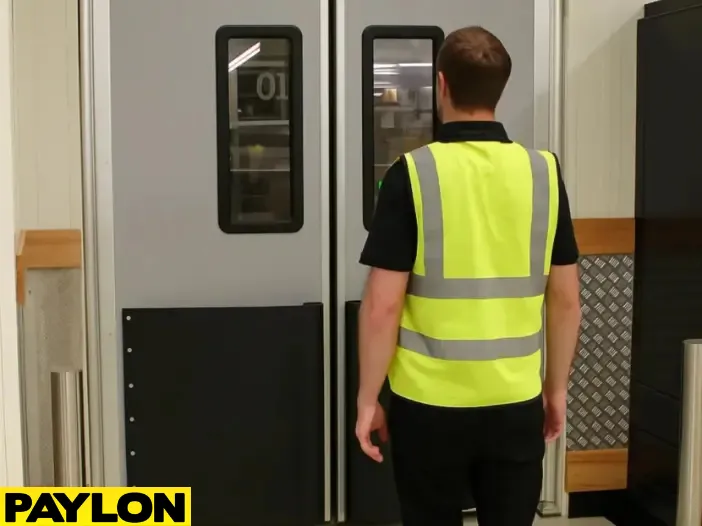 Worker in a high-visibility vest stands in front of a closed industrial door Worker in a high-visibility vest stands in front of a closed industrial door, illustrating the impact of poor door selection on workflow, safety, and regulatory compliance in controlled environments