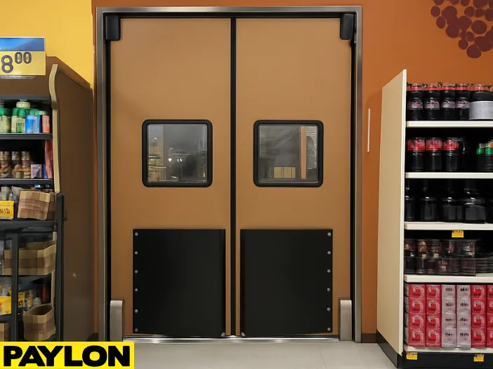 A closed Industrial Door PE-1500 installed in a retail store setting A closed Industrial Door | PE-1500 installed in a retail store setting, featuring a heavy-duty ABS core with twin windows and lower impact panels—ideal for stockroom access