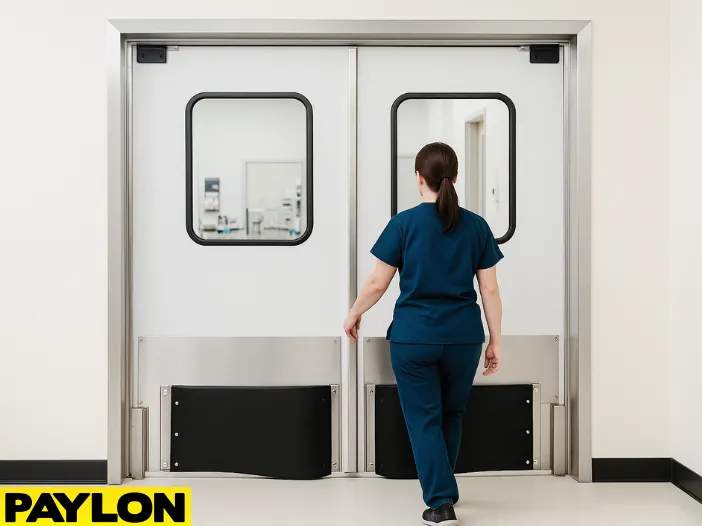 A female veterinary staff member exits through an Industrial Retail Door PE-620ALC A female veterinary staff member exits through an Industrial Retail Door | PE-620ALC inside a vet clinic, demonstrating how swinging doors in vet clinics improve safety while managing furry patients.