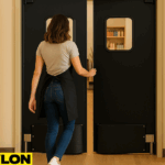 A hairstylist walks through a PE-720 retail swinging door in a modern salon, illustrating how barbershops and salons separate staff areas without disrupting style or traffic flow.