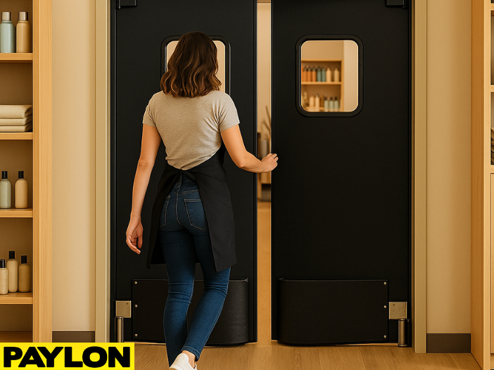 A hairstylist walks through a PE-720 retail swinging door in a modern salon A hairstylist walks through a PE-720 retail swinging door in a modern salon, illustrating how barbershops and salons separate staff areas without disrupting style or traffic flow.