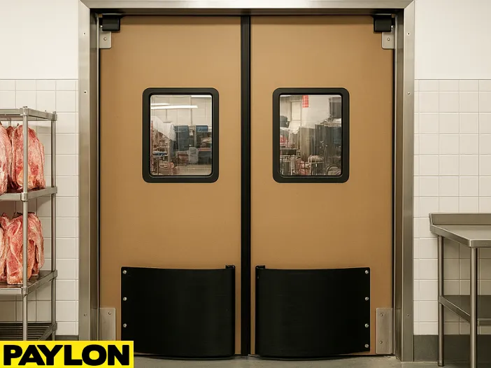 A pair of PE-9000 industrial double-swinging doors installed in a butcher shop setting A pair of PE-9000 industrial double-swinging doors installed in a butcher shop setting, designed for high-impact traffic and easy sanitation in meat processing environments