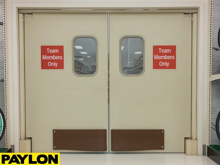 A pair of beige PE-720 retail swinging doors installed in a store aisle A pair of beige PE-720 retail swinging doors installed in a store aisle, fully closed and framed by store shelving and polished white flooring
