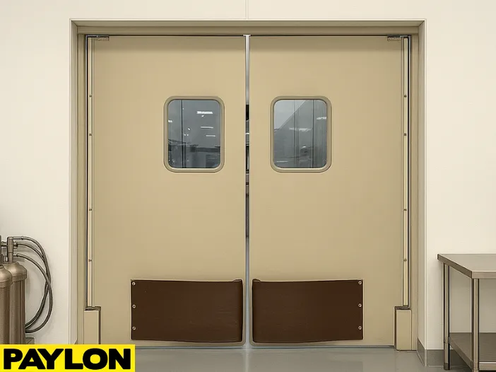 A pair of beige PEX-9000 industrial double-swing doors in a clean, food-safe environment A pair of beige PEX-9000 industrial double-swing doors in a clean, food-safe environment, featuring rectangular vision panels and lower impact plates for durability in high-traffic areas