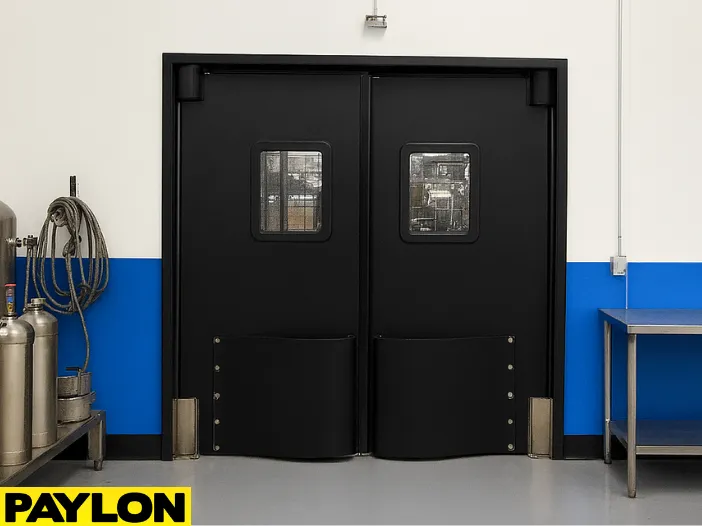 A pair of black PE-9000 industrial doors in a food-safe environment A pair of black PE-9000 industrial doors in a food-safe environment, designed for high-impact use and easy cleaning in processing facilities