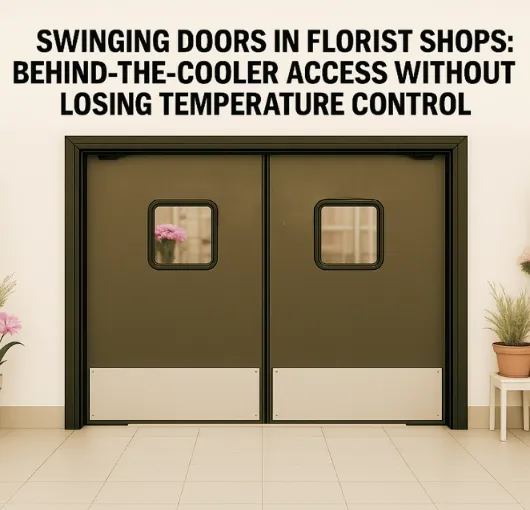 A pair of insulated swinging doors installed in a bright florist shop, with overlaid text reading 'Swinging Doors in Florist Shops Behind-the-Cooler Access Without Losing Temperature Control' product by Paylon