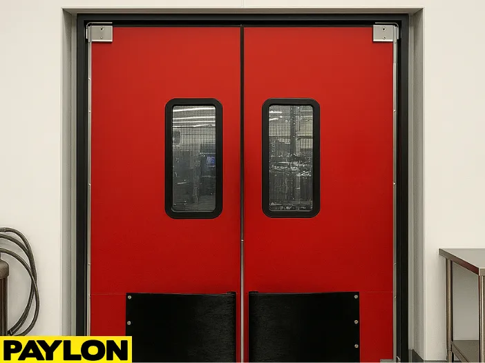 A pair of red PE-8000 industrial swinging doors installed in a clean food processing facility A pair of red PE-8000 industrial swinging doors installed in a clean food processing facility, designed for cold storage and thermal insulation