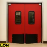 A photograph showcases the PE-8000 industrial-grade double swinging door in bold red, set within a salon or barbershop backroom area. The heavy-duty panels include black impact bumpers and vertical vision windows for safety.