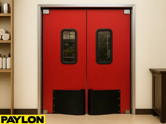 A photograph showcases the PE-8000 industrial-grade double swinging door in bold red A photograph showcases the PE-8000 industrial-grade double swinging door in bold red, set within a salon or barbershop backroom area. The heavy-duty panels include black impact bumpers and vertical vision windows for safety.