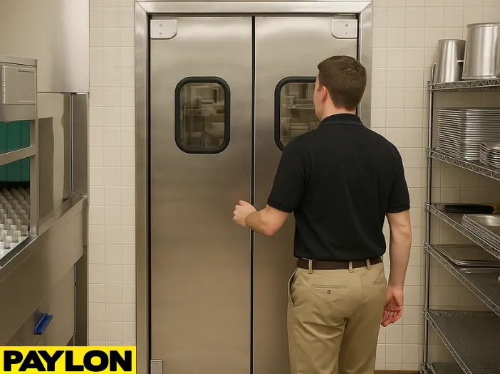 A restaurant employee approaches a double-action swinging door (Restaurant Door PE-610ALC) A restaurant employee approaches a double-action swinging door (Restaurant Door | PE-610ALC) in a commercial kitchen, with stainless steel panels and vision windows