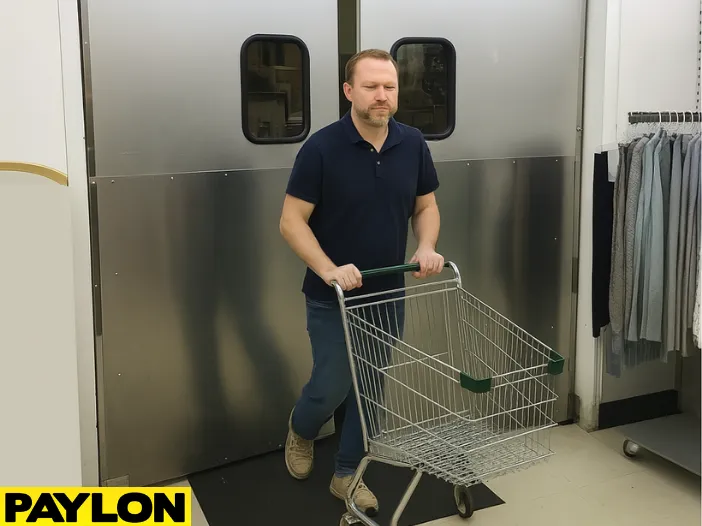A retail employee pushes a shopping cart through a double-action swinging door (Retail Door PE-620ALC) A retail employee pushes a shopping cart through a double-action swinging door (Retail Door | PE-620ALC) marked "Associates Only" inside a clothing store
