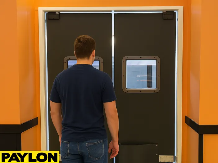 An employee approaches a PE-8000 industrial swinging door An employee approaches a PE-8000 industrial swinging door in a retail hallway, featuring dual vision panels and kick plates, designed for backroom access