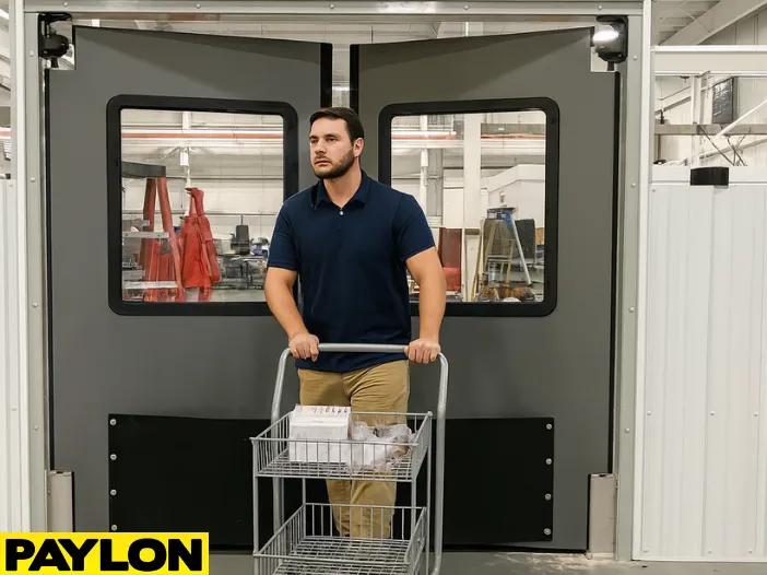 An employee pushes a utility cart through a PE-1500 industrial swinging door in a warehouse setting An employee pushes a utility cart through a PE-1500 industrial swinging door in a warehouse setting, demonstrating hands-free access for stockroom efficiency