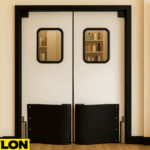 Closed Retail Door PE-720 with white ABS panels and black impact plates, installed in a barbershop or salon environment with a modern interior backdrop