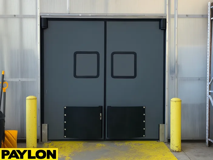 Closed double-swing PE-9000 industrial door with metal frame and black impact plates Closed double-swing PE-9000 industrial door with metal frame and black impact plates, installed in a high-traffic warehouse entryway