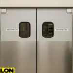 Double-action PE‑620ALC / PE‑720 retail doors closed in a real-world convenience store setting, showcasing a clean, durable surface with impact-resistant panels and vision windows