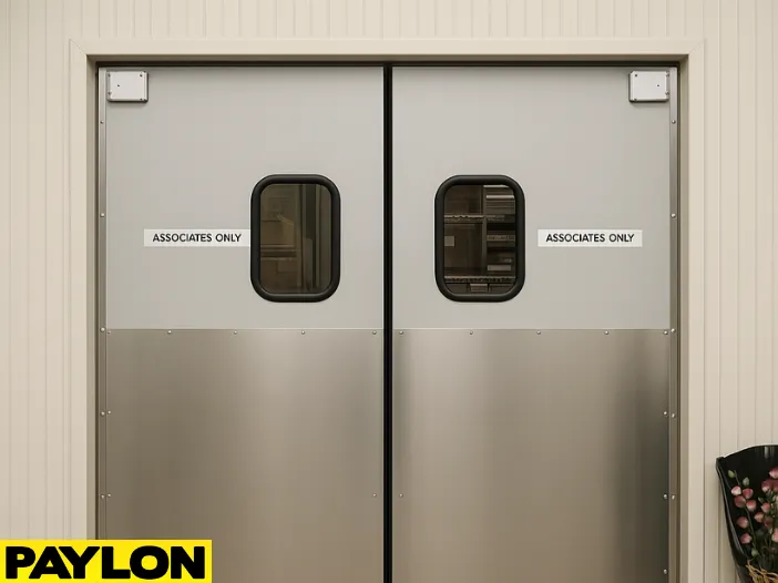 Double-action PE‑620ALC PE‑720 retail doors closed in a real-world convenience store setting Double-action PE‑620ALC / PE‑720 retail doors closed in a real-world convenience store setting, showcasing a clean, durable surface with impact-resistant panels and vision windows