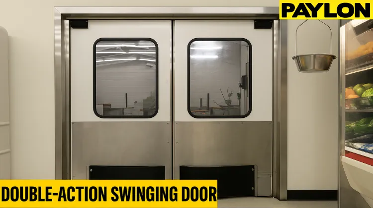 Double-action swinging doors by Traffic Swinging Doors installed in a convenience store Double-action swinging doors by Traffic Swinging Doors installed in a convenience store, featuring stainless panels, kick plates, and clear vision windows