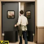 Florist entering a cooler through the Industrial Door PE-8000, designed for temperature control and heavy-duty floral shop use