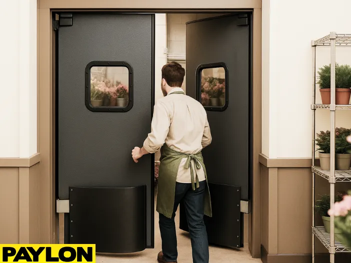 Florist entering a cooler through the Industrial Door PE-8000, designed for temperature control Florist entering a cooler through the Industrial Door PE-8000, designed for temperature control and heavy-duty floral shop use