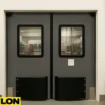 Industrial Door PE-1500 installed in a fully enclosed meat processing facility – ideal USDA-compliant swinging door from Traffic Swinging Doors