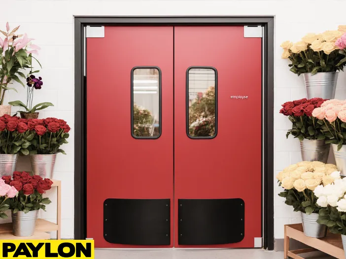 Industrial Door PE-8000 in a florist shop, with bright red panels and viewing windows Industrial Door PE-8000 in a florist shop, with bright red panels and viewing windows, surrounded by colorful rose arrangements in metal buckets on both sides