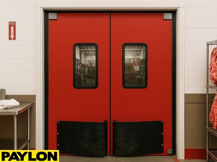 Industrial Door PE-8000 installed in a butcher shop facility Industrial Door | PE-8000 installed in a butcher shop facility, framed by sanitized white-tile walls and stainless steel prep areas