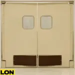 Industrial Door PEX-9000 by Paylon – Beige Double Swinging Doors with Brown Impact Plates and Clear Vision Panels for High-Traffic Commercial Interiors