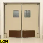 Industrial Door | PEX-9000 double swinging doors installed in a butcher shop environment, featuring a clean, high-visibility layout ideal for meat processing areas