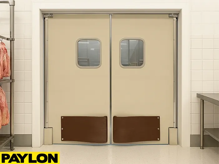 Industrial Door PEX-9000 double swinging doors installed in a butcher shop environment Industrial Door | PEX-9000 double swinging doors installed in a butcher shop environment, featuring a clean, high-visibility layout ideal for meat processing areas