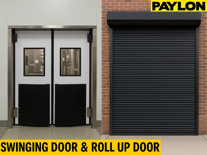 Industrial Roll-Up Doors building exterior featuring a closed roll-up door, illustrating one side of the comparison in "Swinging Doors vs Roll Up Doors: What’s Right for Your Facility?