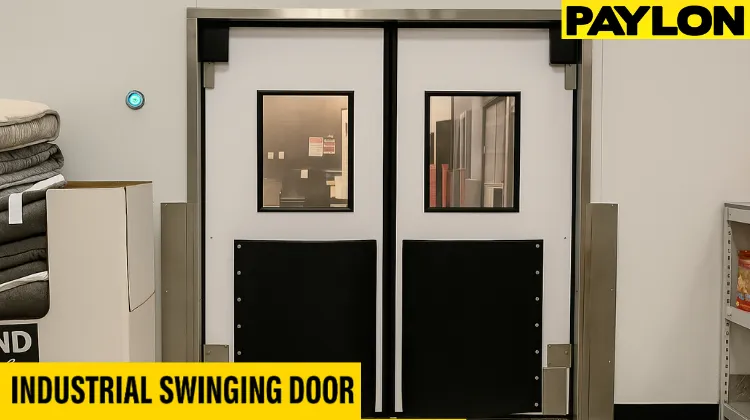 Industrial swinging door installed by Traffic Swinging Doors in a commercial facility Industrial swinging door installed by Traffic Swinging Doors in a commercial facility, designed for high-traffic food processing environments