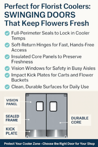 Infographic by PAYLON showcasing Swinging Doors in Florist Shops Behind-the-Cooler Access Without Losing Temperature Control Infographic by PAYLON showcasing Swinging Doors in Florist Shops Behind-the-Cooler Access Without Losing Temperature Control, featuring labeled parts like vision panel, sealed frame, durable core, and kick plate for floral cooler efficiency