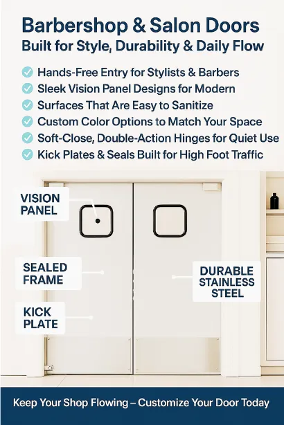 Infographic by Traffic Swinging Doors showcasing features of PE-720 doors for barbershops and salons+ Infographic by Traffic Swinging Doors showcasing features of PE-720 doors for barbershops and salons, illustrating how swinging doors separate staff areas without killing style