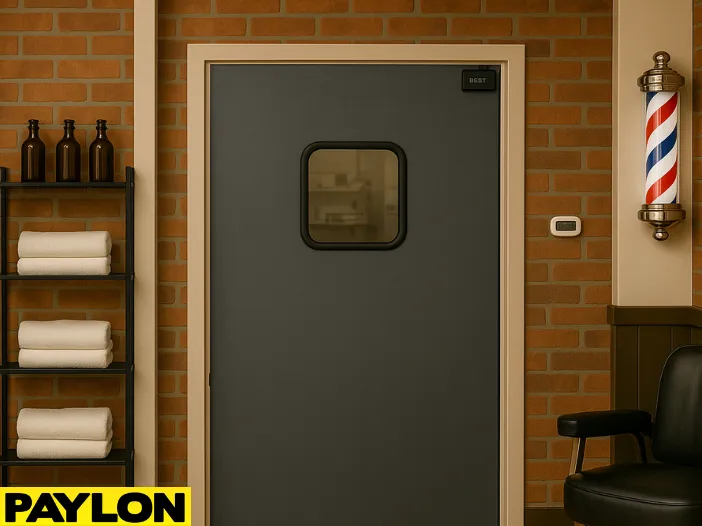 Interior of a modern barbershop featuring a PE-710 Retail Swinging Door Interior of a modern barbershop featuring a PE-710 Retail Swinging Door centered between exposed brick walls.