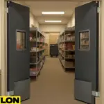 Open Restaurant Door PE-610ALC – Double stainless steel traffic doors revealing a commercial kitchen area, ideal for restaurants and food service settings