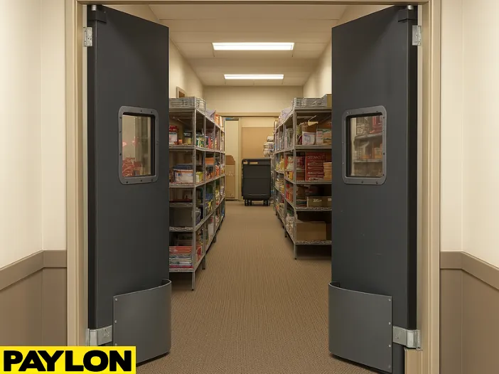 Open PE-8000 industrial swinging doors revealing a well-organized retail stockroom with metal shelving Open Restaurant Door PE-610ALC – Double stainless steel traffic doors revealing a commercial kitchen area, ideal for restaurants and food service settings