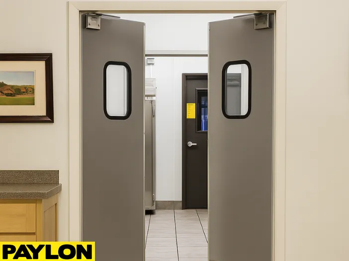 Open Restaurant Door PE-610ALC Open Restaurant Door PE-610ALC – Double stainless steel traffic doors revealing a commercial kitchen area, ideal for restaurants and food service settings
